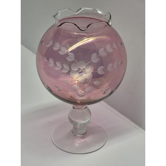 MCM Mid Century CRANBERRY Flashed FLORAL & FERN Etched Glass IVY BALL VASE Globe - Picture 1 of 6